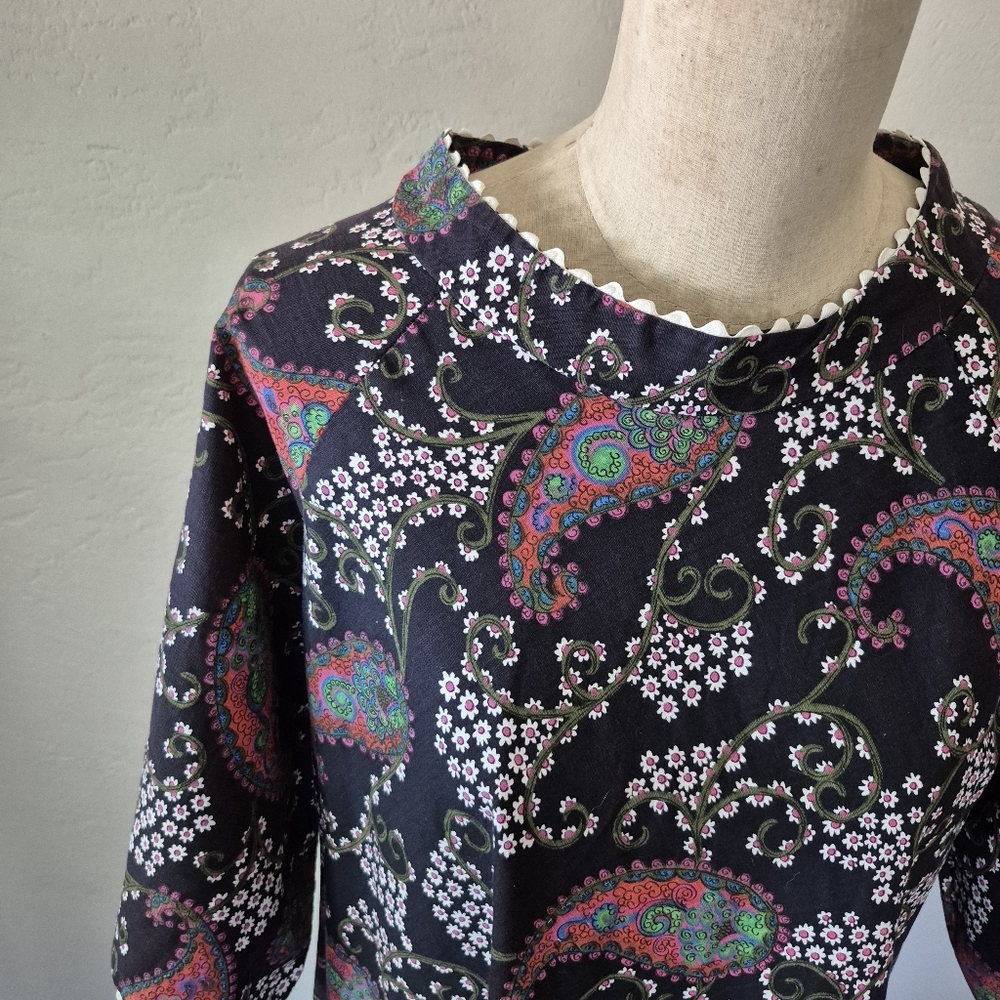 Vintage 60s Black Paisley Print Cotton Dress Small - Picture 3 of 13